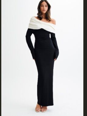 Meshki Black Maxi Dress with White Fold-Over Neckline